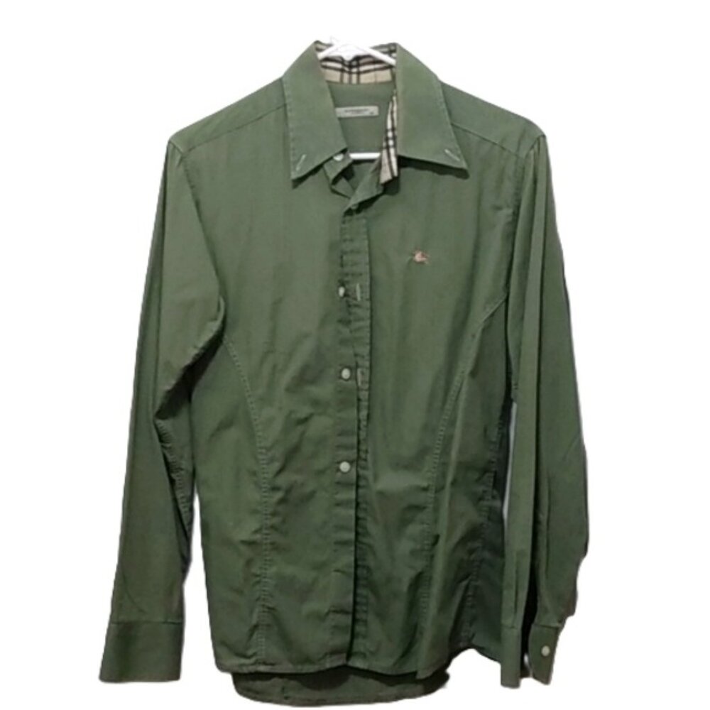 Burberry Army Green Button Down Shirt with Nova Check Trim - Picture 11 of 16